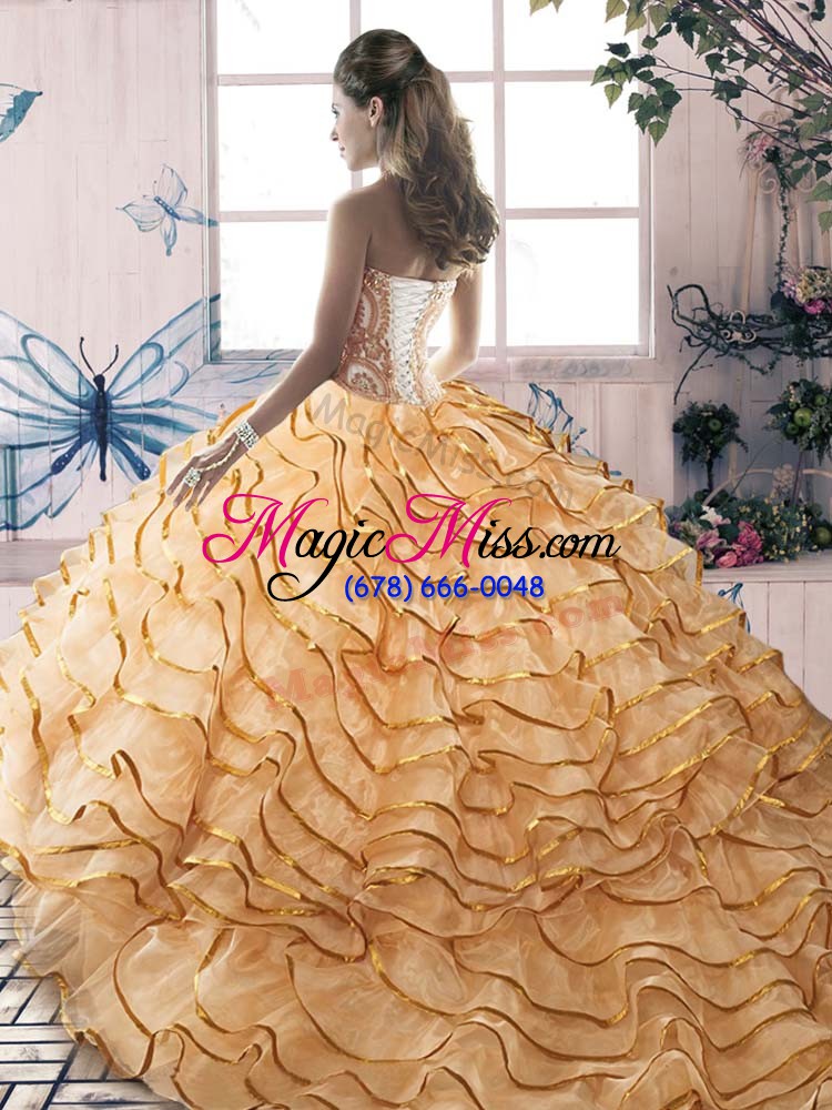 wholesale beauteous yellow green lace up quinceanera gown beading and ruffled layers sleeveless brush train
