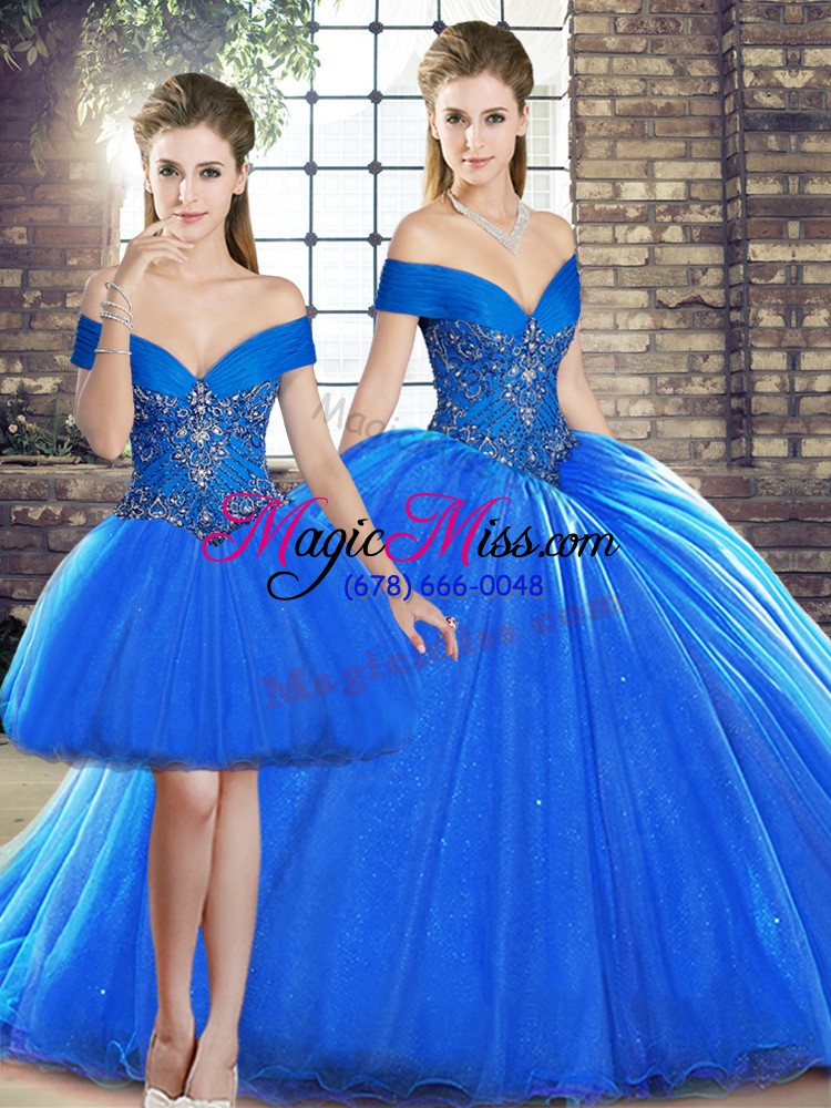 wholesale royal blue quinceanera dress military ball and sweet 16 and quinceanera with beading off the shoulder sleeveless brush train lace up
