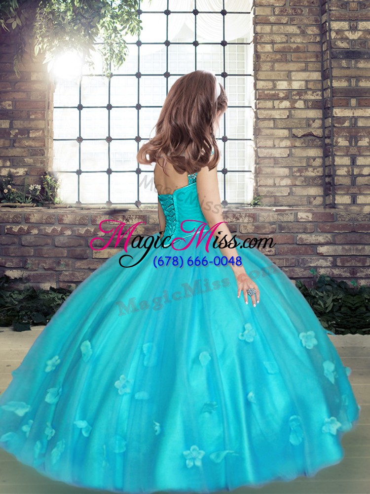 wholesale sleeveless floor length beading and hand made flower lace up girls pageant dresses with blue