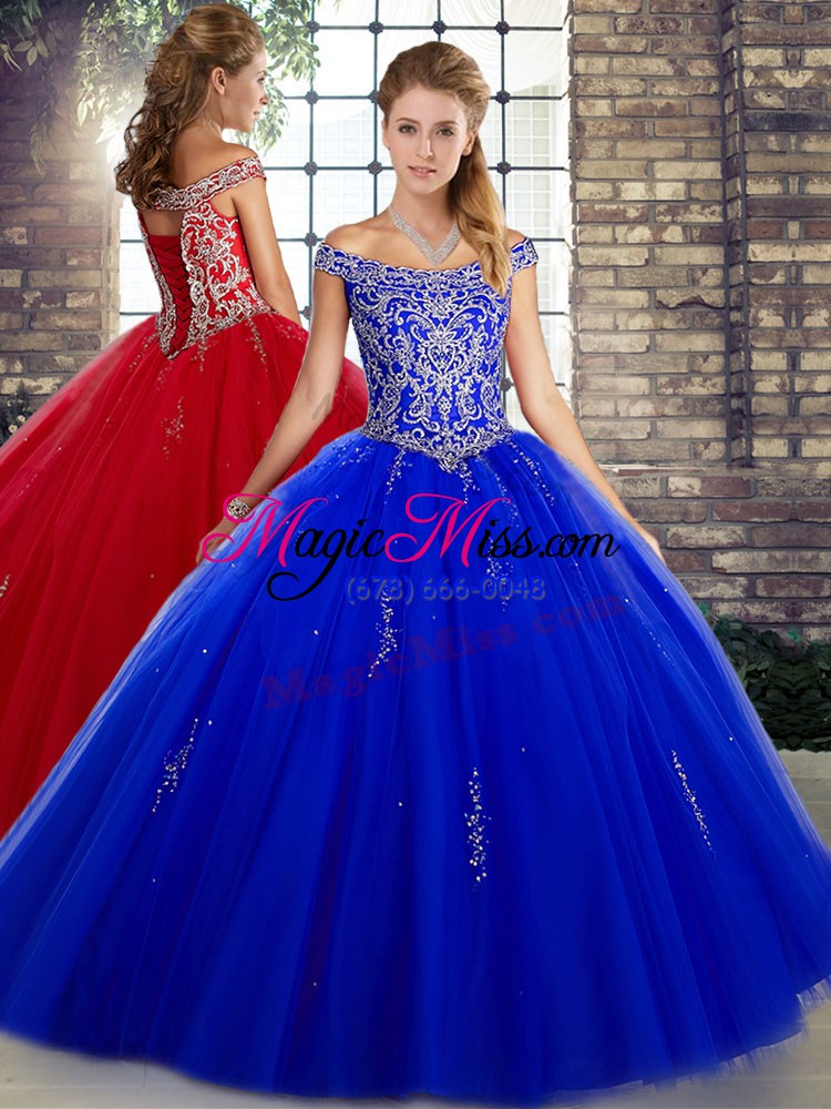 wholesale superior royal blue sleeveless beading floor length ball gown prom dress