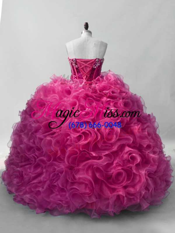 wholesale top selling hot pink organza lace up sweetheart sleeveless floor length 15th birthday dress ruffles and sequins
