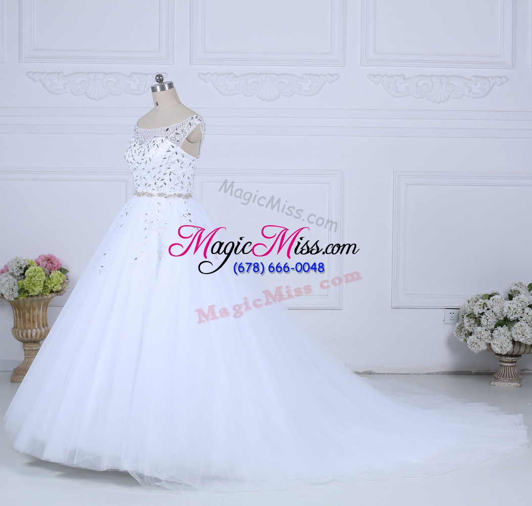 wholesale modest white ball gowns tulle off the shoulder sleeveless beading lace up wedding dress court train