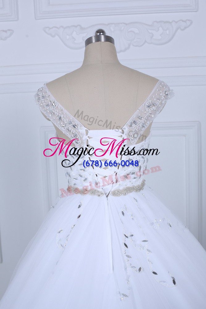 wholesale modest white ball gowns tulle off the shoulder sleeveless beading lace up wedding dress court train