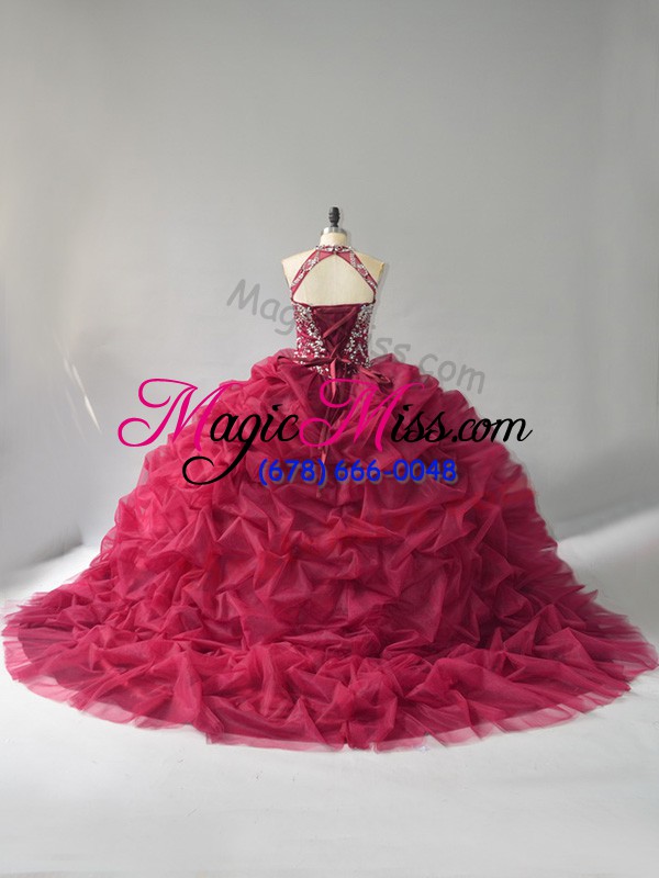 wholesale glamorous sleeveless beading and pick ups lace up sweet 16 dress with burgundy court train