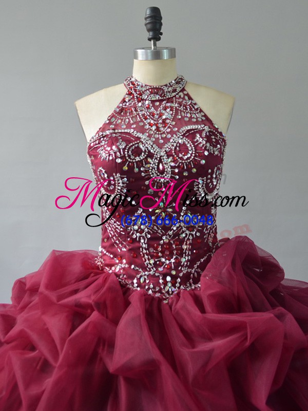 wholesale glamorous sleeveless beading and pick ups lace up sweet 16 dress with burgundy court train