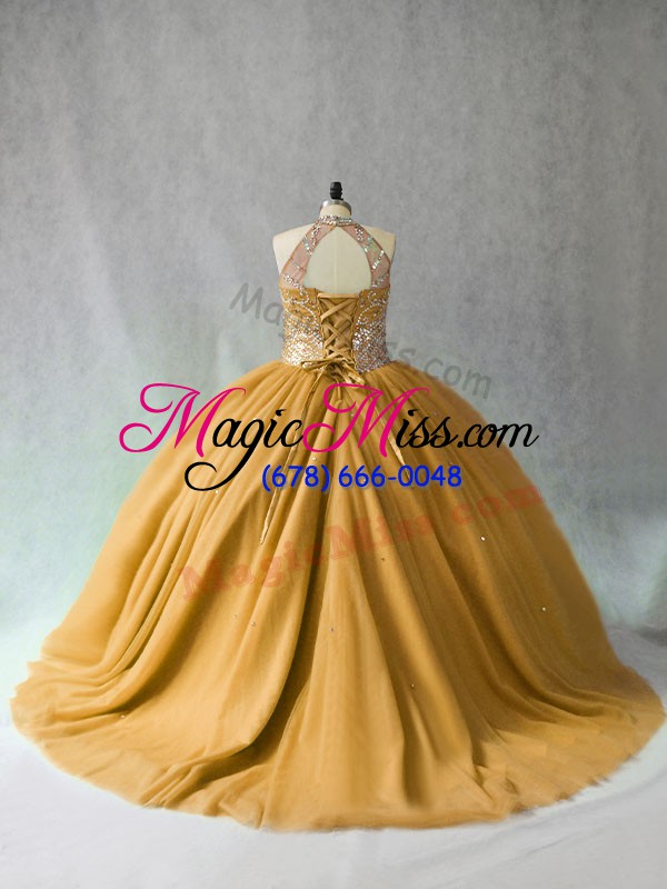 wholesale gold ball gowns tulle halter top sleeveless beading lace up quinceanera gown brush train