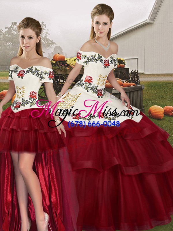 wholesale wine red sleeveless brush train embroidery and ruffled layers quinceanera dresses