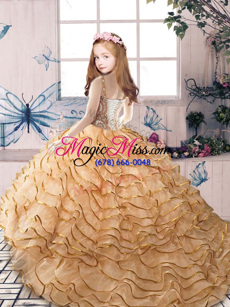 wholesale straps sleeveless organza pageant gowns for girls beading and ruffled layers court train lace up