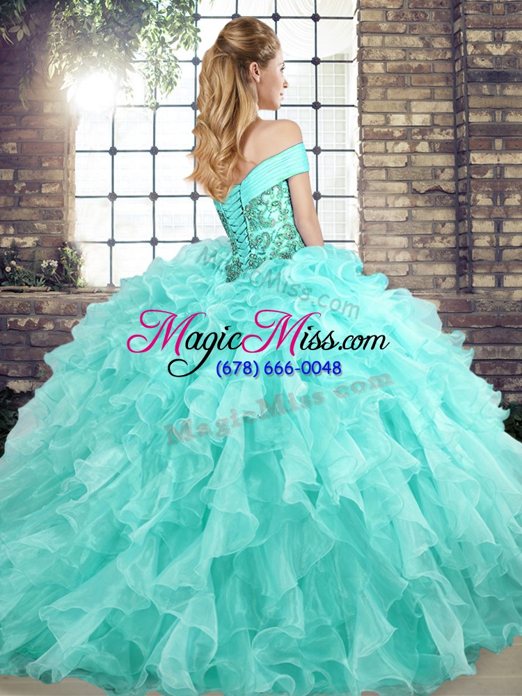 wholesale blue ball gown prom dress off the shoulder sleeveless brush train lace up
