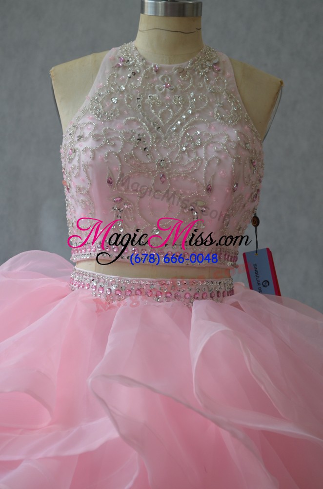 wholesale custom fit pink organza backless sweet 16 dresses sleeveless beading and ruffles