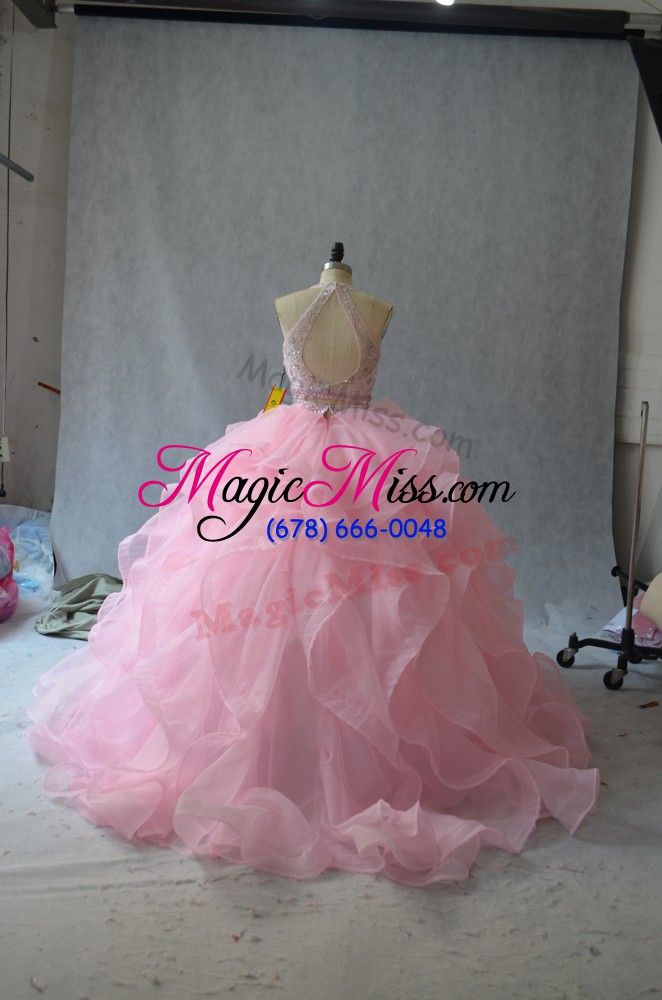 wholesale custom fit pink organza backless sweet 16 dresses sleeveless beading and ruffles