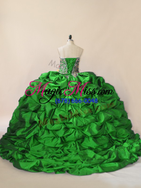 wholesale green ball gown prom dress taffeta and tulle brush train sleeveless beading and pick ups