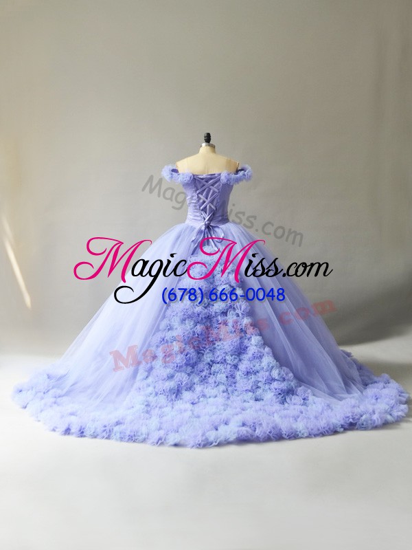 wholesale hand made flower quince ball gowns lavender lace up sleeveless court train
