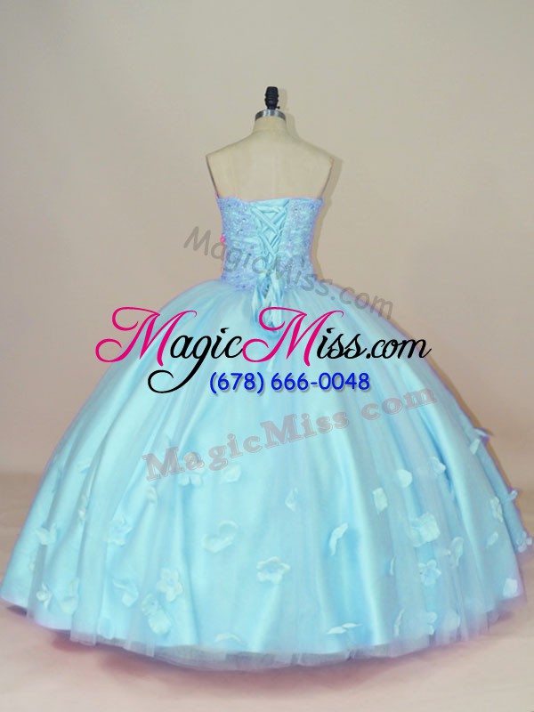 wholesale aqua blue sleeveless floor length beading and hand made flower lace up quinceanera gowns