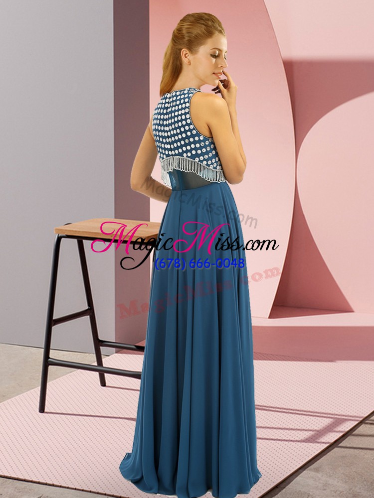 wholesale fitting sleeveless chiffon floor length side zipper prom gown in teal with beading