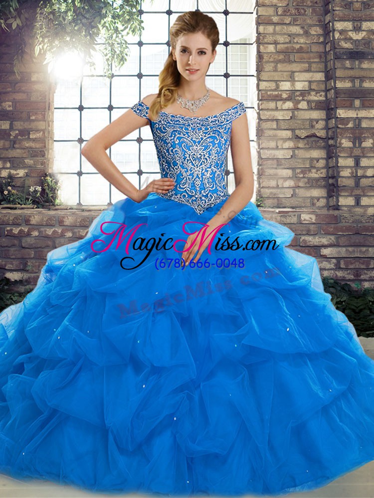 wholesale blue off the shoulder lace up beading and pick ups 15th birthday dress brush train sleeveless