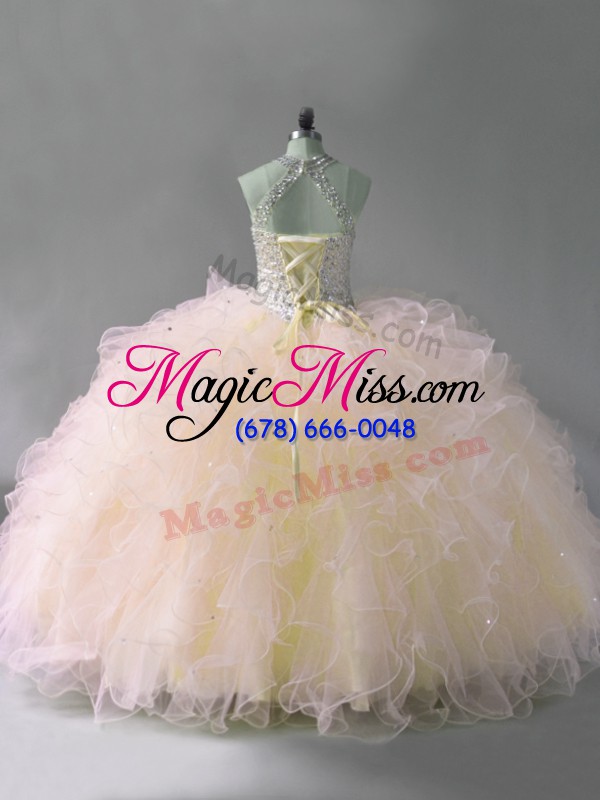 wholesale custom made pink halter top neckline beading and ruffles quinceanera gowns sleeveless lace up