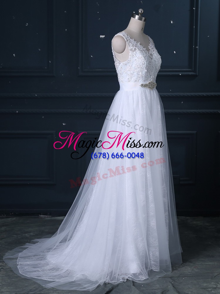 wholesale sleeveless lace brush train backless bridal gown in white with beading and lace