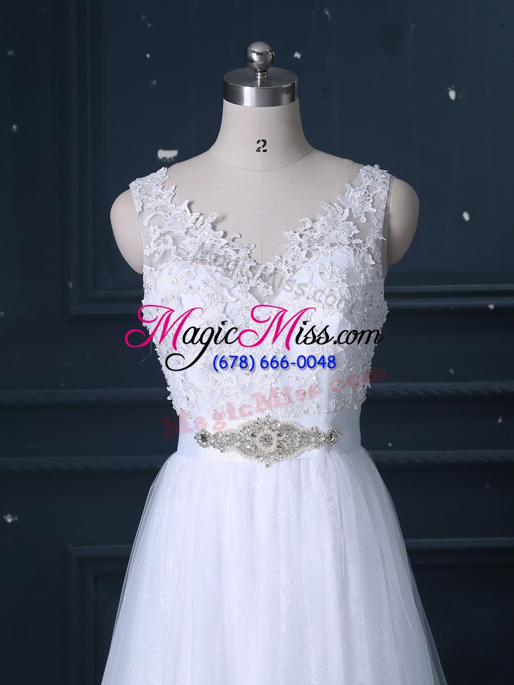 wholesale sleeveless lace brush train backless bridal gown in white with beading and lace