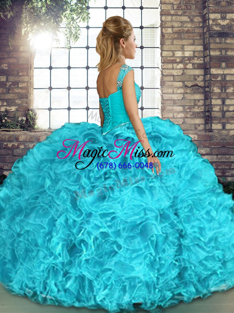 wholesale new arrival beading and ruffles ball gown prom dress aqua blue lace up sleeveless floor length