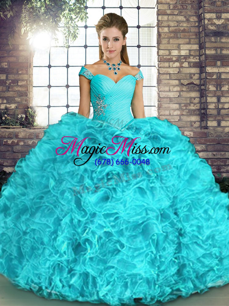 wholesale new arrival beading and ruffles ball gown prom dress aqua blue lace up sleeveless floor length