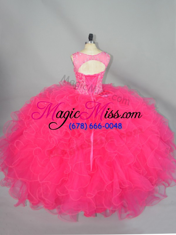 wholesale vintage hot pink sleeveless floor length beading and ruffles lace up ball gown prom dress