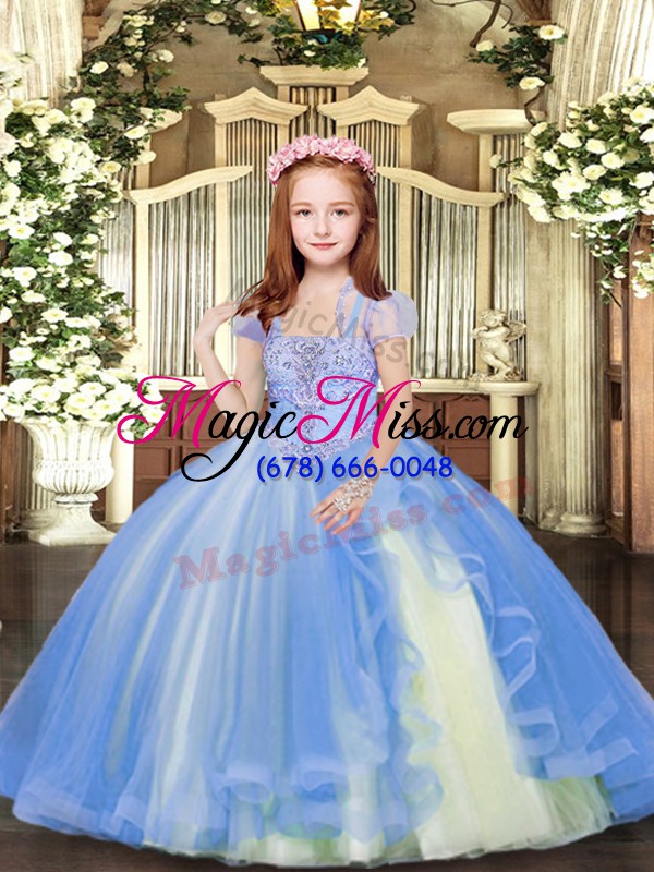 wholesale blue tulle lace up little girls pageant dress wholesale sleeveless floor length beading