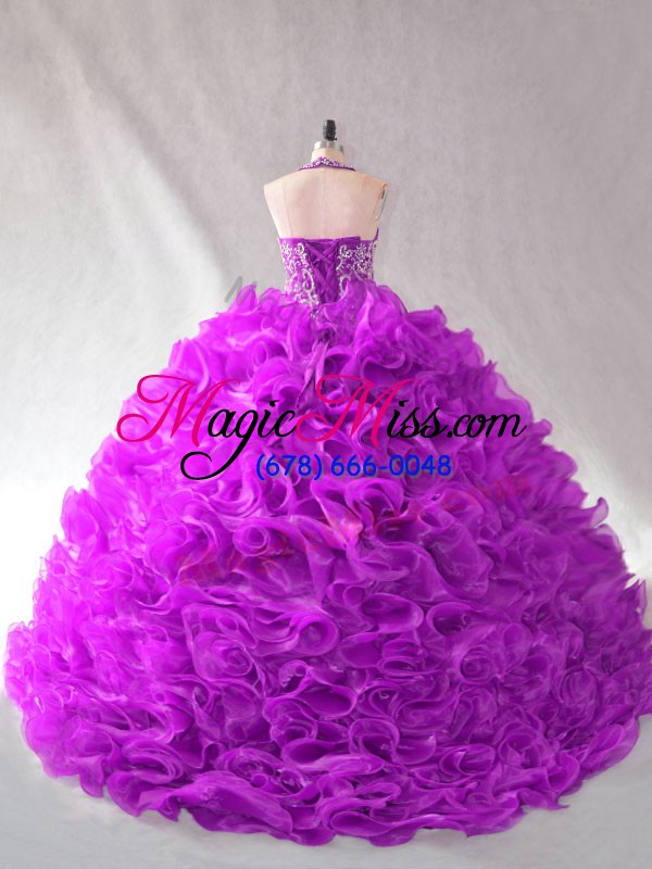 wholesale hot sale purple organza lace up halter top sleeveless floor length vestidos de quinceanera beading