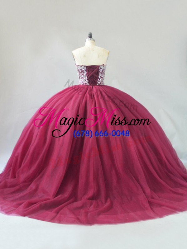 wholesale burgundy 15th birthday dress tulle brush train sleeveless beading