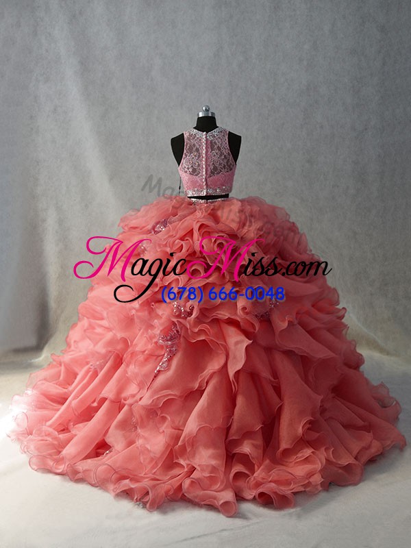 wholesale sweet sleeveless floor length beading zipper 15th birthday dress with watermelon red brush train