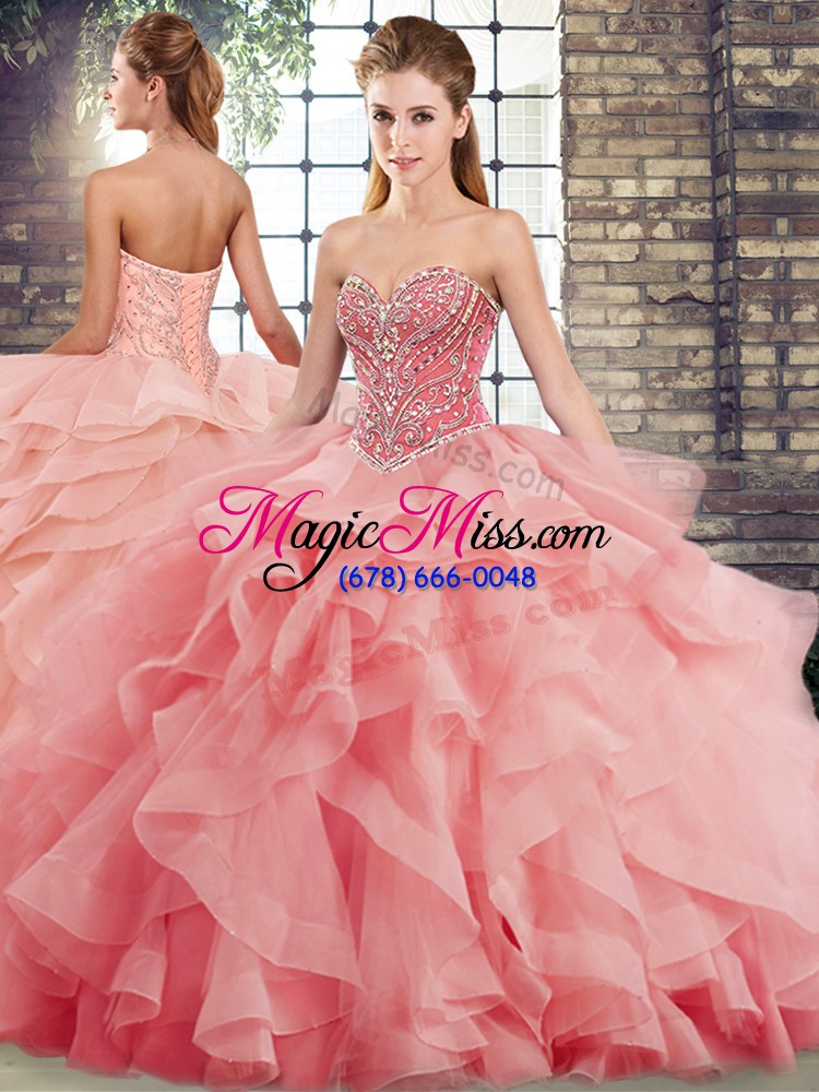wholesale most popular sweetheart sleeveless quinceanera dresses brush train beading and ruffles watermelon red tulle