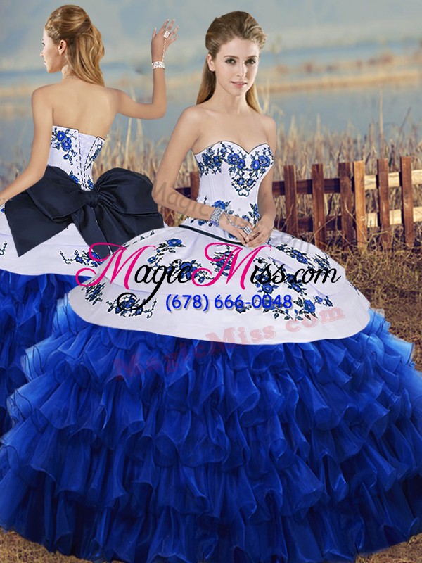 wholesale royal blue ball gowns organza sweetheart sleeveless embroidery and ruffled layers and bowknot floor length lace up quince ball gowns