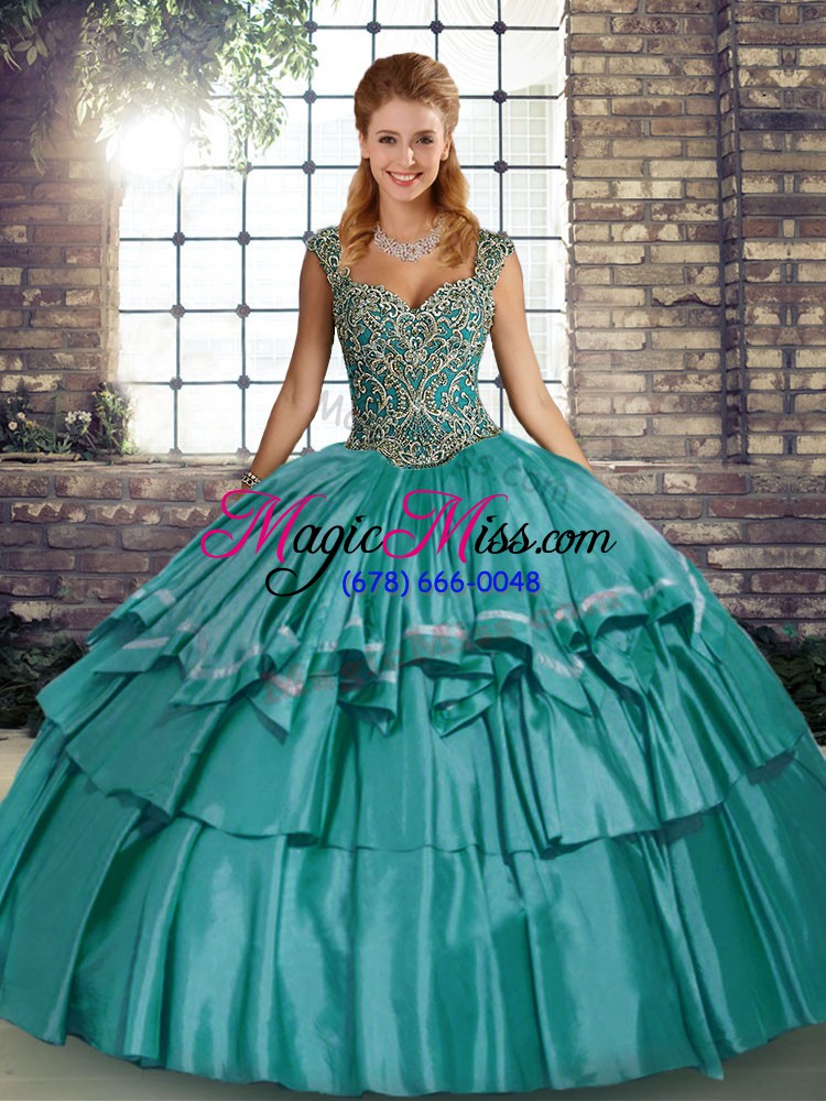 wholesale teal sleeveless beading and ruffled layers floor length quince ball gowns