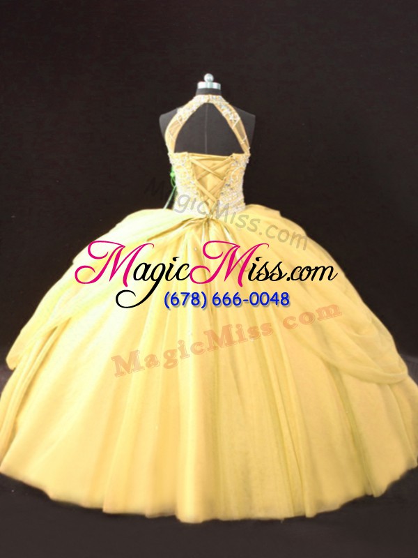 wholesale suitable gold ball gowns halter top sleeveless tulle floor length lace up beading and pick ups quinceanera gown