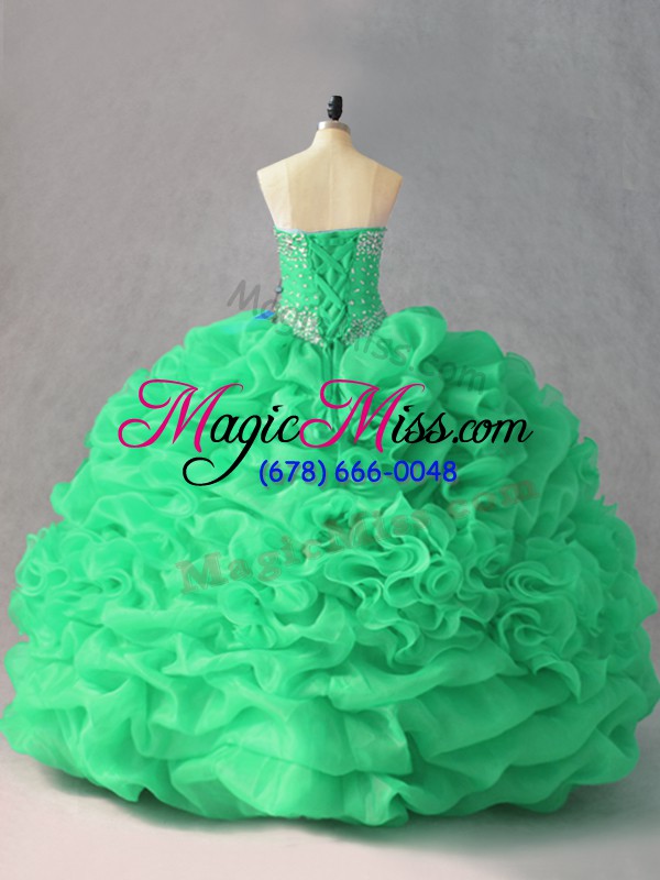 wholesale green organza lace up sweetheart sleeveless floor length quinceanera gown beading and pick ups and hand made flower