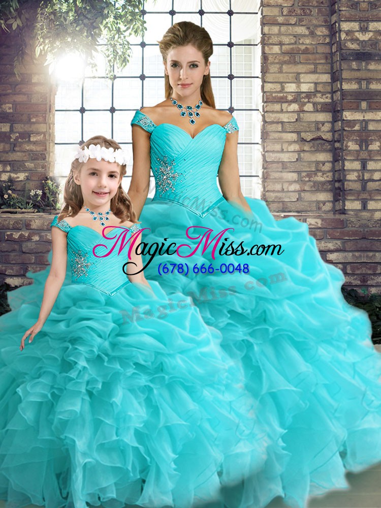 wholesale vintage aqua blue sleeveless organza lace up sweet 16 dresses for military ball and sweet 16 and quinceanera