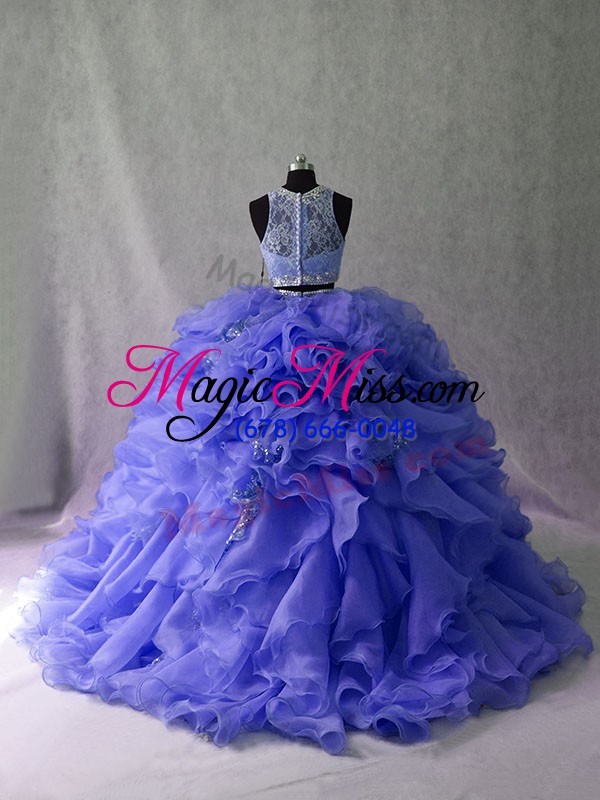 wholesale organza scoop sleeveless brush train zipper ruffles and sequins sweet 16 quinceanera dress in lavender