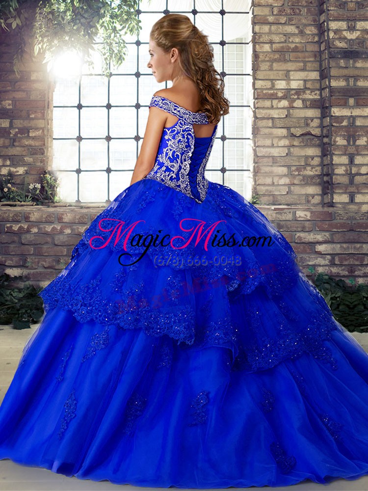 wholesale cute off the shoulder sleeveless tulle sweet 16 quinceanera dress beading and lace brush train lace up
