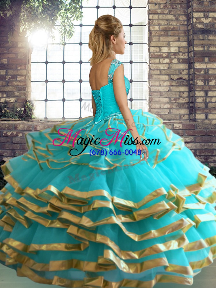 wholesale fitting floor length green quinceanera gown tulle sleeveless beading and ruffled layers