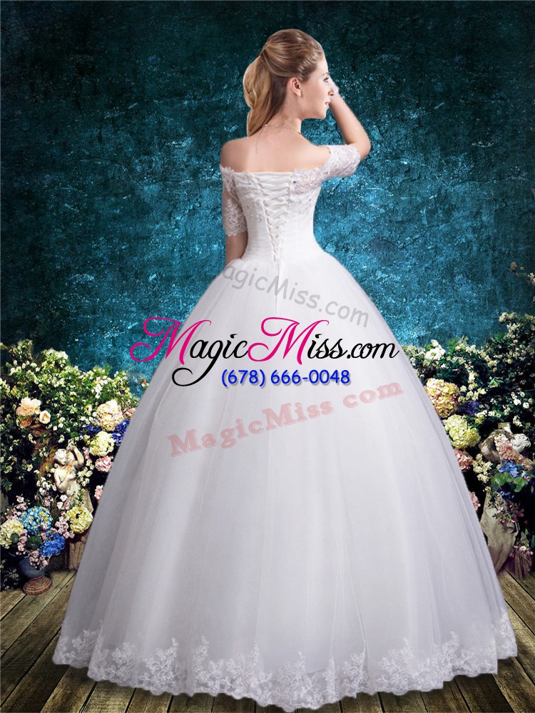 wholesale super white tulle lace up bridal gown half sleeves floor length lace