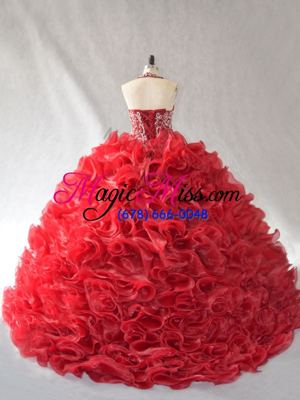 wholesale romantic red vestidos de quinceanera halter top sleeveless brush train lace up