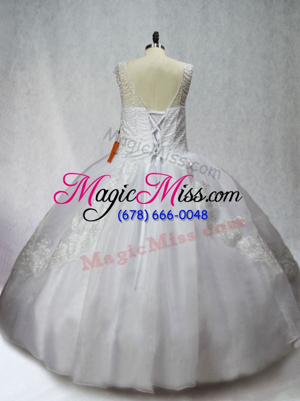wholesale top selling white organza lace up scoop sleeveless floor length quince ball gowns beading and appliques