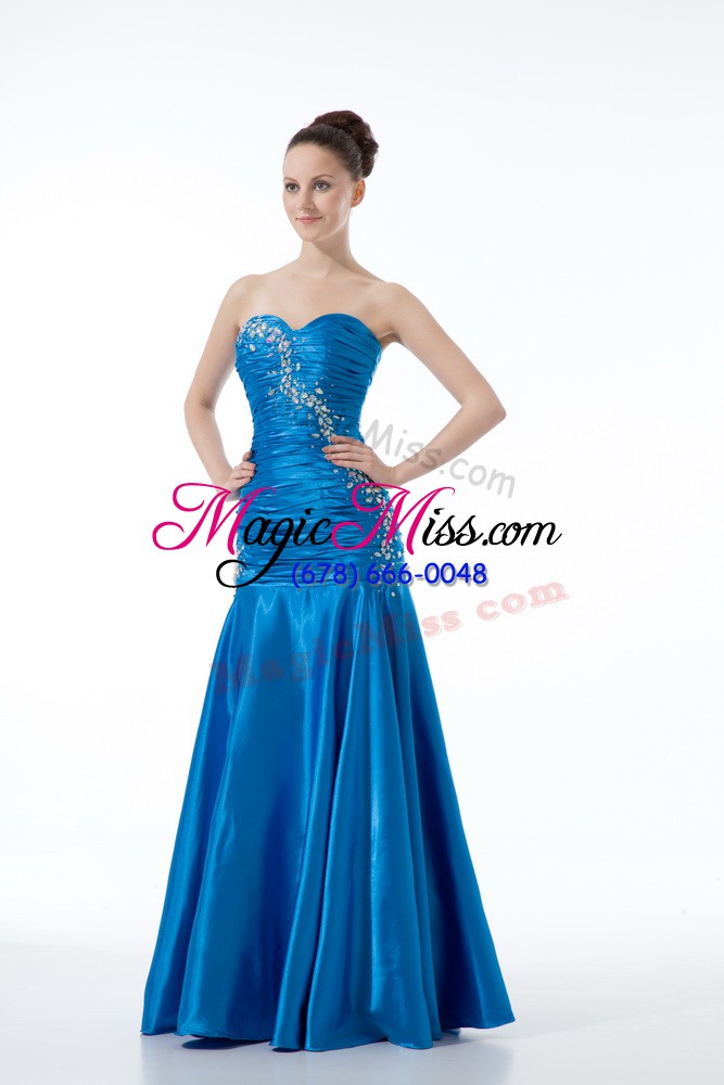 wholesale fashionable blue zipper evening gowns sleeveless floor length beading and ruching