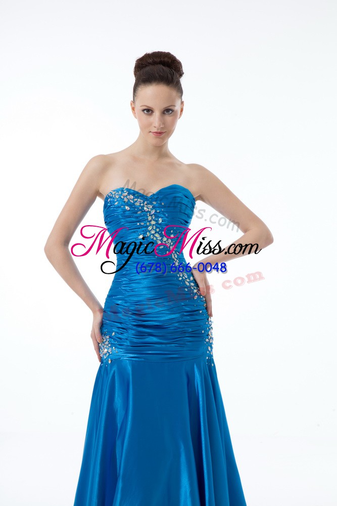 wholesale fashionable blue zipper evening gowns sleeveless floor length beading and ruching