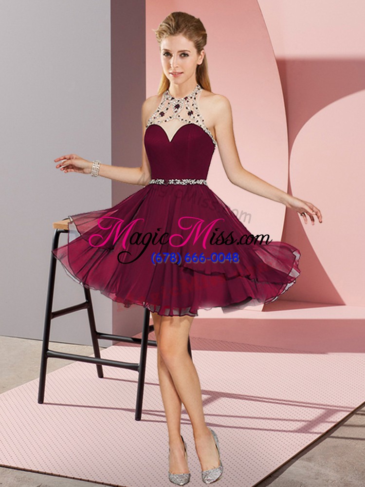 wholesale dynamic burgundy halter top neckline beading dress for prom sleeveless zipper