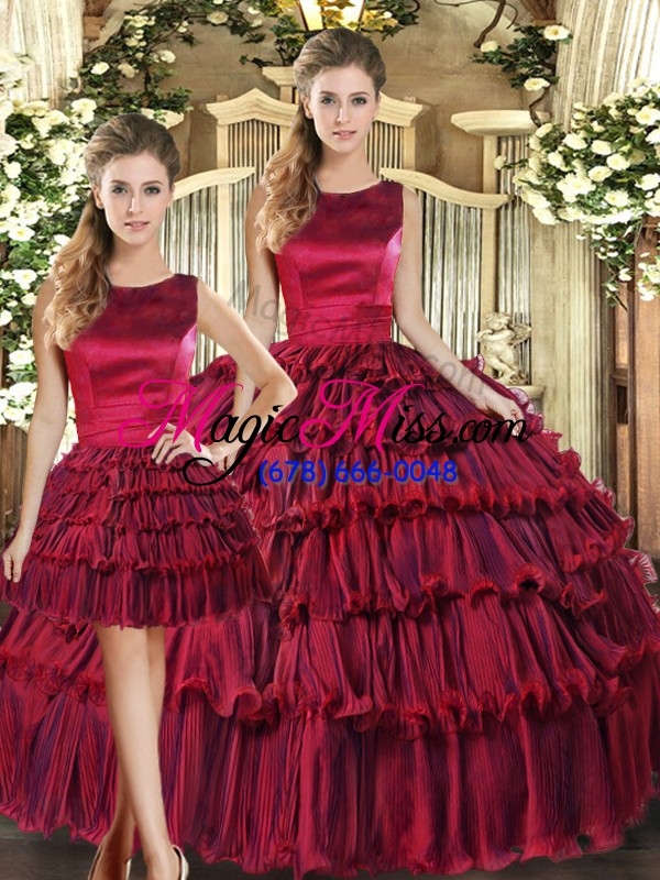 wholesale exceptional wine red scoop lace up ruffled layers quinceanera gown sleeveless