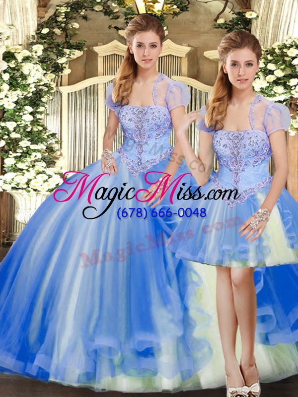 wholesale tulle strapless sleeveless lace up beading and ruffles quinceanera dresses in blue