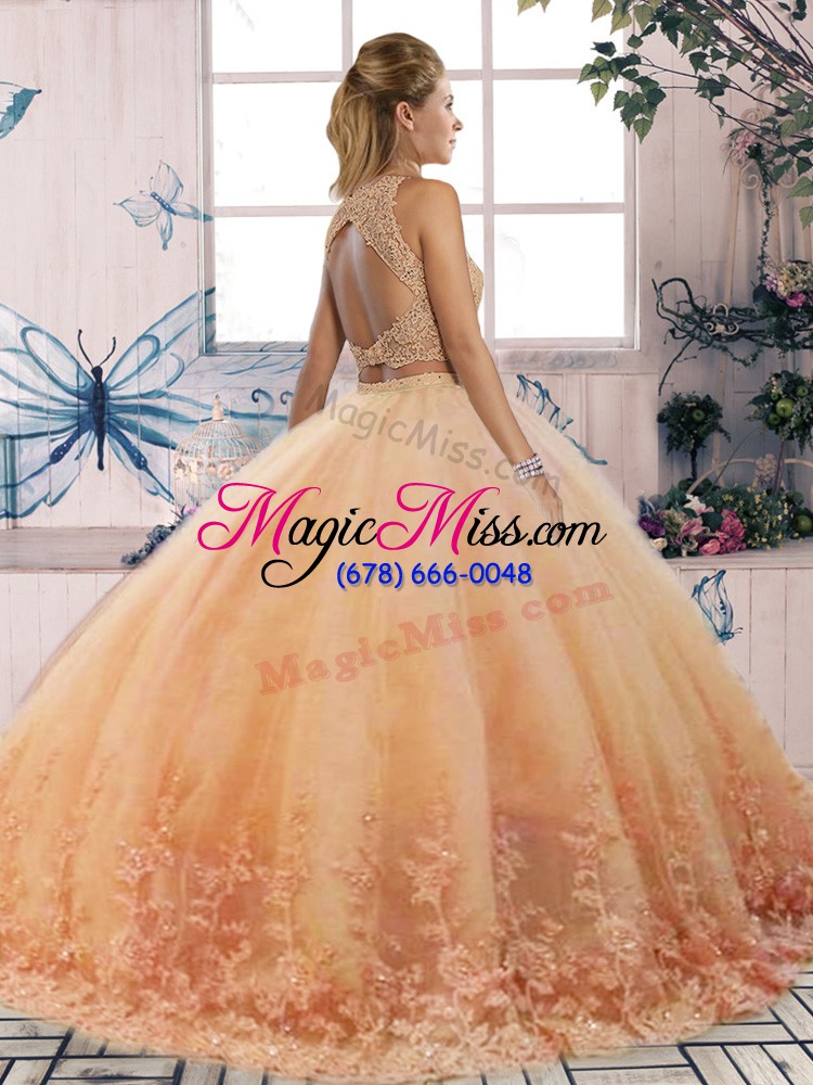 wholesale tulle scalloped sleeveless sweep train backless lace quinceanera gowns in green