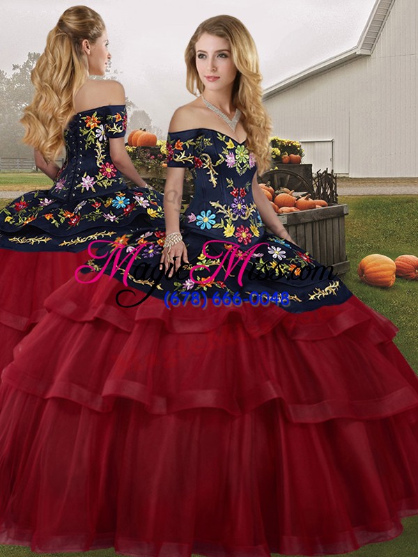 wholesale charming wine red ball gowns off the shoulder sleeveless tulle brush train lace up embroidery and ruffled layers vestidos de quinceanera