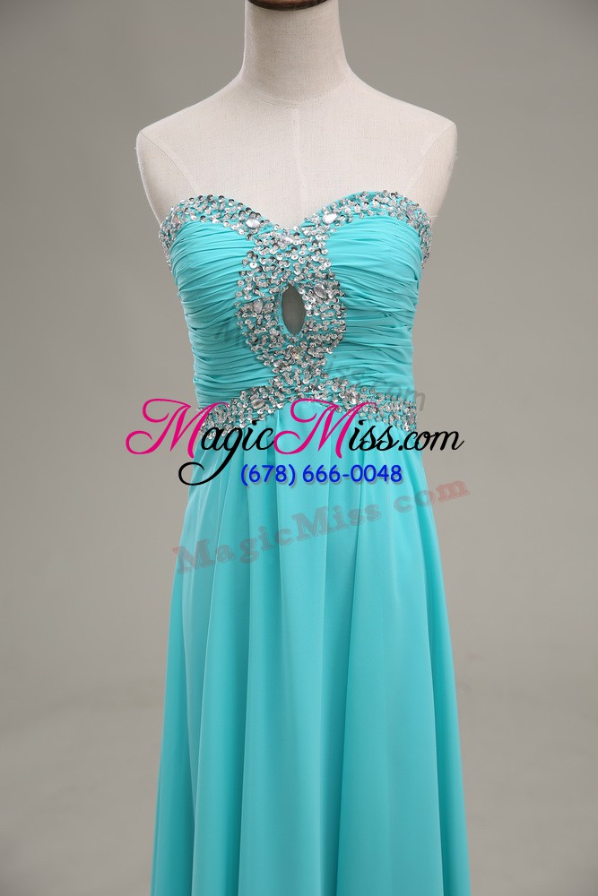 wholesale vintage aqua blue sleeveless beading and ruching floor length prom party dress